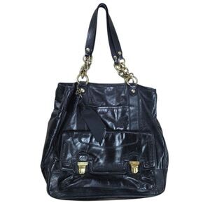 Coach Poppy Camellia Pushlock Leather Tote Glossy Black Leather #1